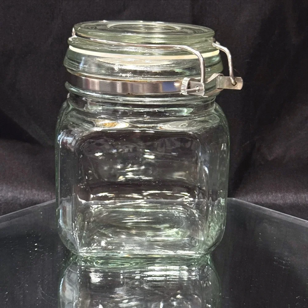 Vintage Italian Clear Square Airtight Glass Jar Wire Bale Clamp Lid Canister